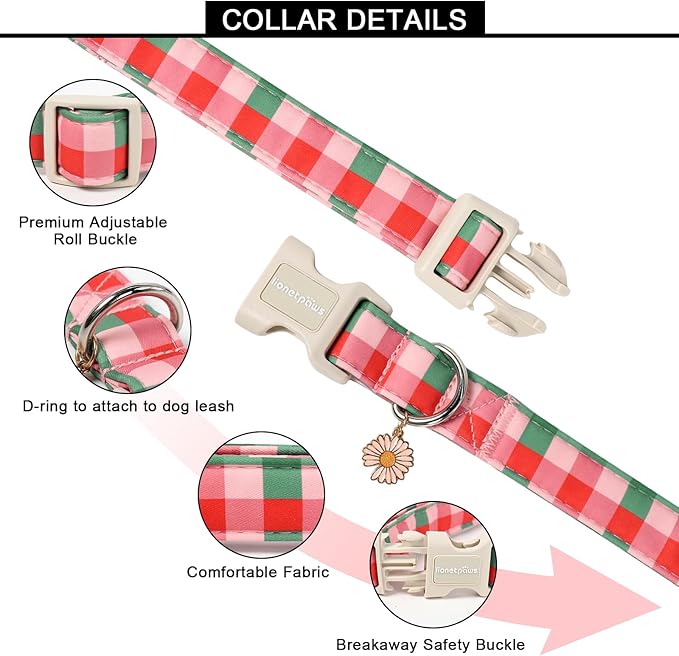 Lionet Paws Spring Dog Collar- Pink Green Plaid Dog Collars with Plastic Buckle and Daisy Pendant, Light Winter Dogs Collar for Medium Dogs