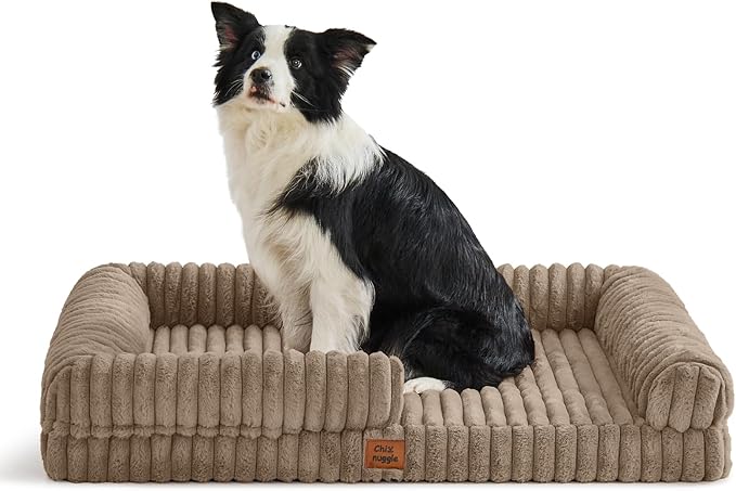ChiXnuggle Orthopedic Dog Bed with Bolster Sides for Sleeping, Fluffy Plush Rectangular XL Dog Bed, Luxury Striped Faux Fur Waterproof Dog Couch with Removable Washable Cover, Taupe