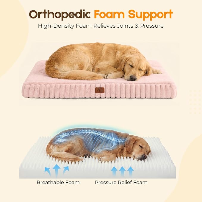Orthopedic Dog Bed for Extra Large Dog, Waterproof Pet Bed for Crate,Non-Slip Bottom and Egg-Crate Foam with Removable Washable Cover Crate Bed,Pink,41"x27"x4"
