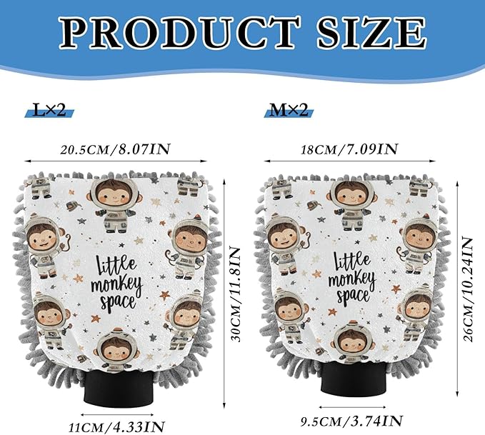Car Wash Mitt Microfiber Wash Mitts for Car Washing Scratch-Free Cleaning Gloves Soft Non Absorbent Chenille Auto Hand Mitt Large 2Pack White Cute Monkeys in Spacesuits Stars