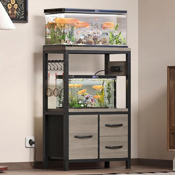 Heybly 5-10 Gallon Fish Tank Stand, Aquarium Stand with Drawer, Power Outlet, Heavy Duty Metal Frame, for Fish Tank, Turtle & Reptile Terrarium, 20.5" × 10.2" Top, 200lbs, Rustic Gray HAS002SSG