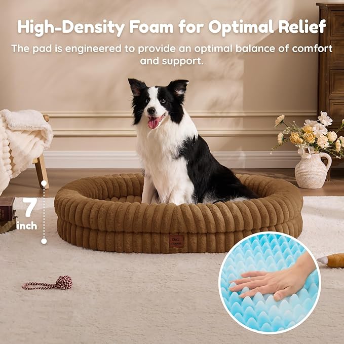 ChiXnuggle XL Dog Bed - Luxury Striped Faux Fur Waterproof Pet Couch with Removable Washable Cover, Orthopedic Dog Bed with Bolster Sides for Sleeping, Brown