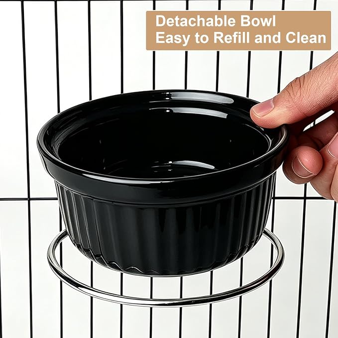 Rabbit Hanging Ceramic Bowl, Removable Cage Feeder Thick Ceramic Bowl with Stainless Steel Support Ring Pet Water Food Bowl for Small Animal Chinchilla Ferret Small Dog & Cat (4.92 * 1.97”) (Black)