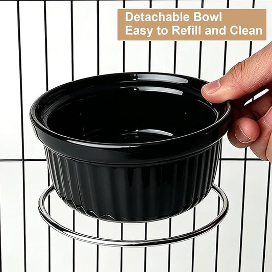 Rabbit Hanging Ceramic Bowl, Removable Cage Feeder Thick Ceramic Bowl with Stainless Steel Support Ring Pet Water Food Bowl for Small Animal Chinchilla Ferret Small Dog & Cat (4.92 * 1.97”) (Black)