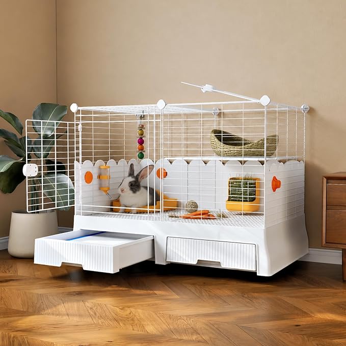 Oneluck Large Rabbit Cage Indoor,2-Story Bunny Hutch with Rasied Urine-Proof Walls, Leak-Proof Trays, Wheels,37" L x22 W x 30" H for Rabbits, Chinchillas, Guinea Pig (Large, Opaque)