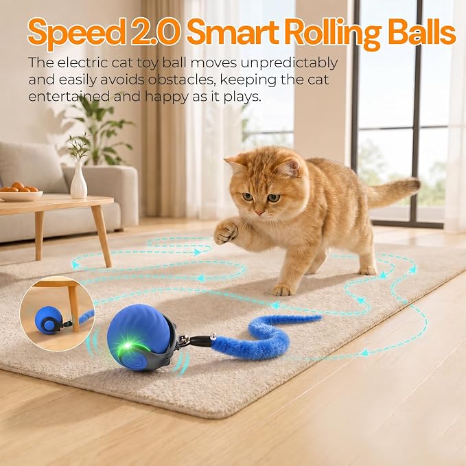 Geamen Interactive Cat Toys with Bird Sounds & 3 Speed Modes, Rechargeable Automatic Moving Cat Toy with 3 Tails, Fast Charging Smart Rolling Ball for Indoor Cats to Chase Play on Hard Floor Carpet