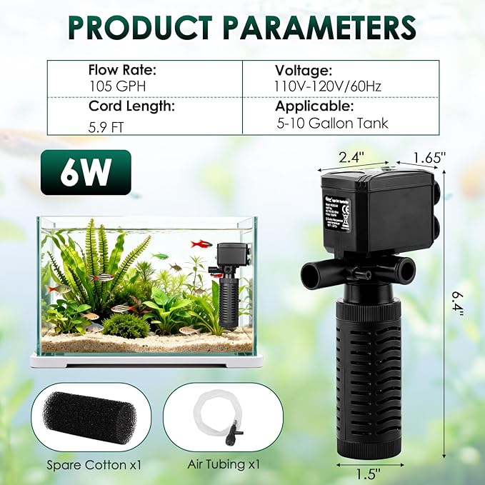 hygger 5-10 Gallon Little Submersible Aquarium Filter in-Tank Filtration with Aeration for Saltwater and Freshwater Fish Tank Internal Filters 105 GPH