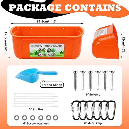 3 Pack Chicken Feeder, Duck Feeder Supplies, Hanging Fence Feed Trough with Clips for Goat, Sheeple, Piglet, Gooses, Turkeys, Dog Livestock Poultry, 8 Quarts in Total, Feed Scoop Included, Orange