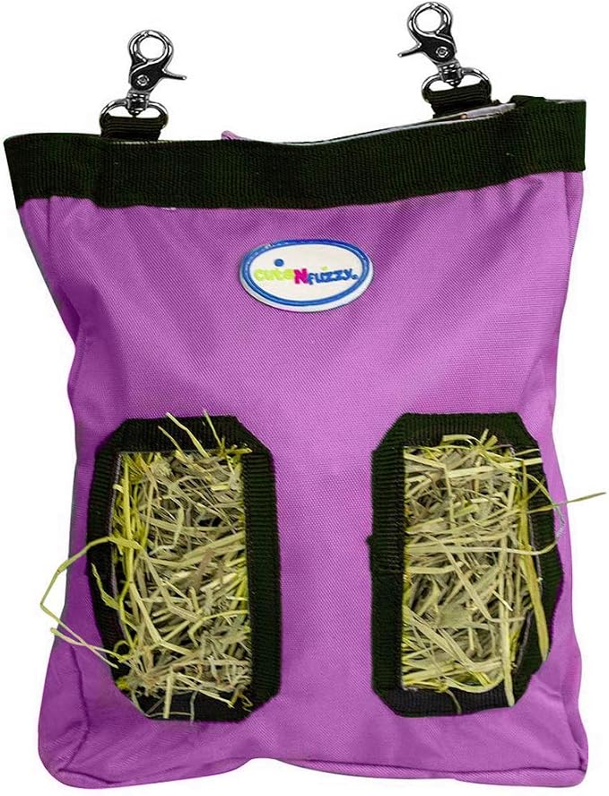 2-Opening Hay Bag for Rabbits, Guinea Pigs & Chinchillas, Compact Hanging Hay Feeder, 9" x 11" x 1.5", Helps Reduce Hay Waste & Cage Mess, 6-Month Warranty (Purple, 9" x 11" x 1.5")
