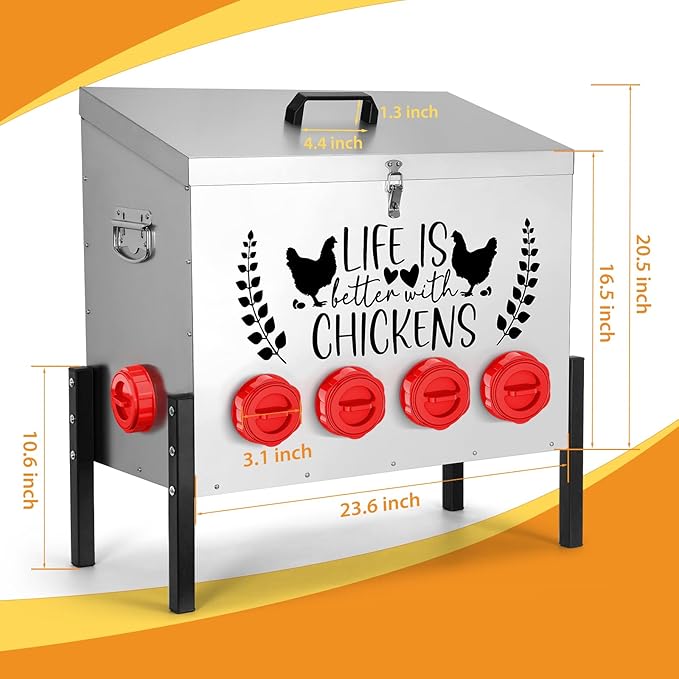 95 lb Chicken Feeder with 10 No-Waste Ports – Extra-Large Galvanized Metal Poultry Feeder with Adjustable Height Heavy-Duty Stand – Outdoor Feed Box for Chickens, Ducks & Geese