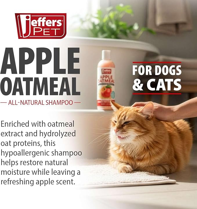 Jeffers Pet Apple Oatmeal Shampoo for Dogs & Cats, 17 oz - Gentle Coconut Based Formula w/Colloidal Oat Protein, Soap Free, Deodorizing Apple Scent, Sensitive Skin, Puppies Kittens Grooming Care