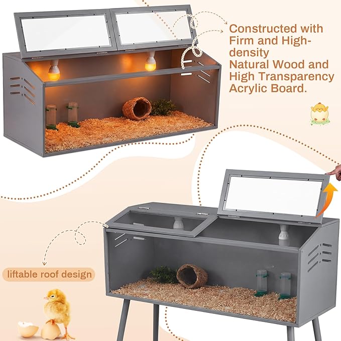 CroBlissful 40 x 16 x 16 in Brooder Kit Box for Chicken Quails Indoor Outdoor with Leg Stand Sliding Door, Bulb Set and Feeder, Baby Chicken Coops for Ducks, Hamsters, Lizards, Mice, Rat(Grey)