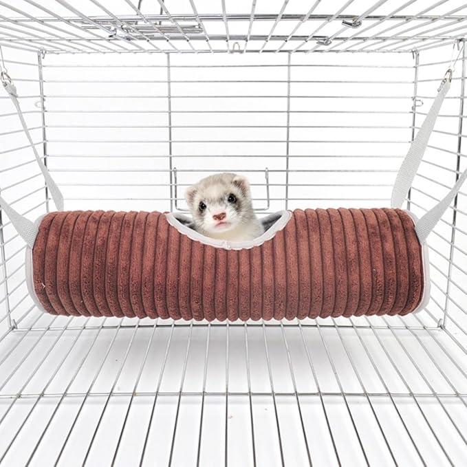 Hanging Ferret Tunnel Hammock, Warm Plush Dwarf Hamster Hideout Bed with Metal Hooks, Washable & Foldable for Hedgehog (Coffee Brown)