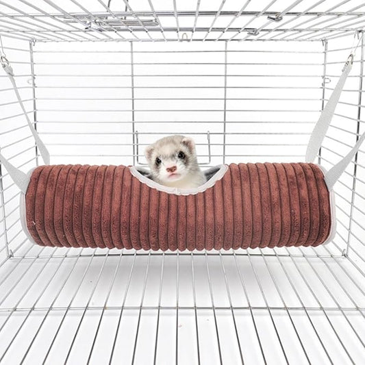 Hanging Ferret Tunnel Hammock, Warm Plush Dwarf Hamster Hideout Bed with Metal Hooks, Washable & Foldable for Hedgehog (Coffee Brown)