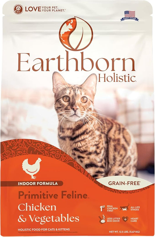 Earthborn Holistic Primitive Feline Grain-Free Dry Cat Food, High Protein Chicken Recipe, Indoor All Life Stages Formula, 12.5 lb Bag