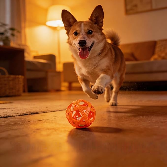 Dog Toy Ball with Bell, TPR Chew Resistant Interactive Fetch Toy for Small to Medium Dogs& Puppies, Lightweight Bouncy Cage-Style Puppy Ball for Boredom Relief & Teething