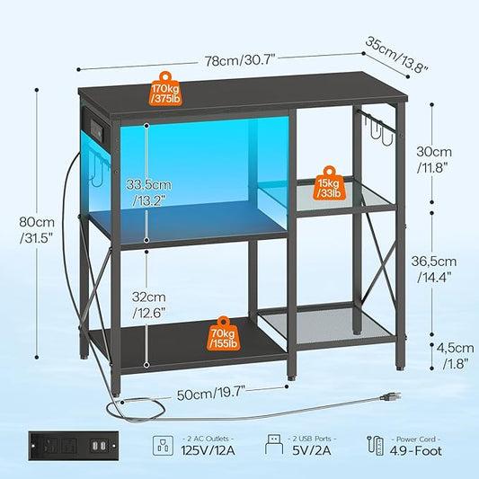 HOOBRO Fish Tank Stand with Power Outlet and LED Light, 20-29-37 Gallon Aquarium Stand with Storage Shelves, 30.7" L x 13.8" W, Reptile Tank Stand with Stable Metal Frame, Black BK80UDFT01G1