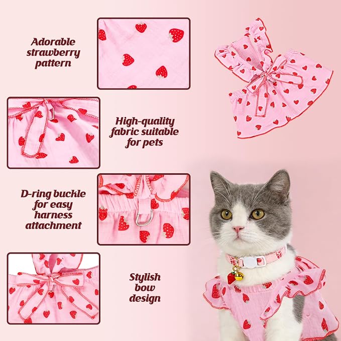 Strawberry Print Cotton Cat Dog Costumes with 2 Adjustable Collar with Bow, Kitten Outfits for Girl Cats, Pink White Pet Clothes for Small Dogs & Cats,S