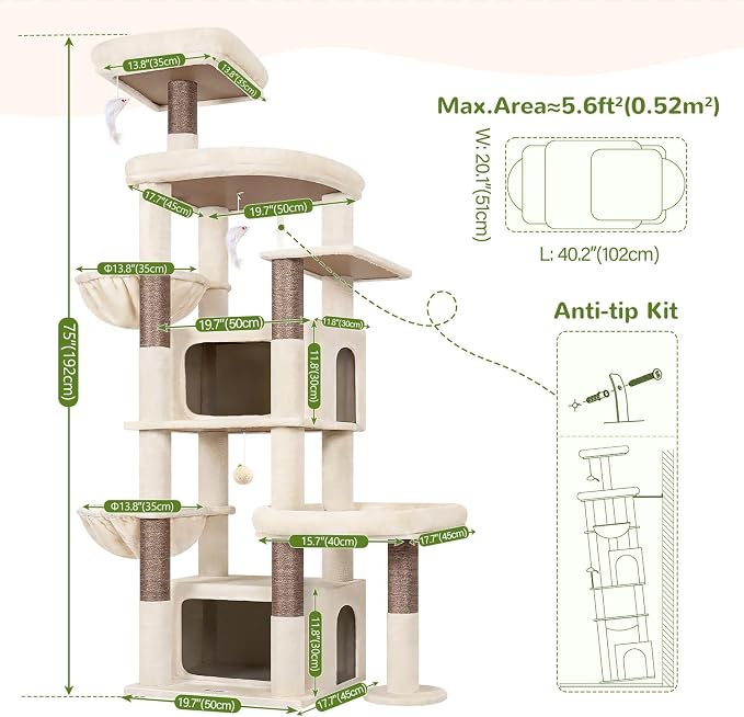 Globlazer 75in Sturdy Cat Tree for Large Cats, Heavy Duty Multi-Level Cat Tower for Indoor Cats with Extended Platform, 2 Spacious Condos, 2 Padded Perches, 6 Sisal Scratching Posts, S75, Beige
