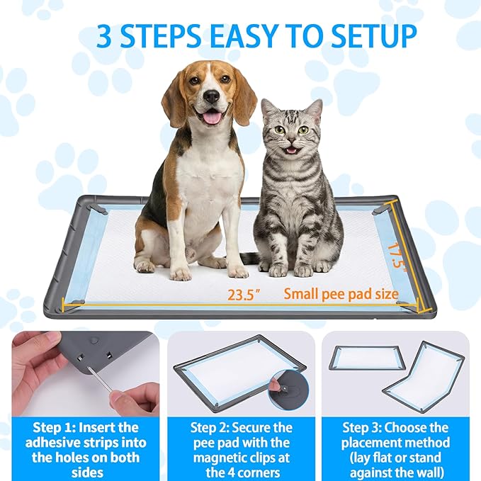 Dog Pee Pad Holder with 4 Magnetic Corner Clips, Small 17.5x23.5 Inch Silicone Non-Slip Base Puppy Potty Training Tray, Leak-Proof Raised Edge for Home Indoor Floor Wall Protection