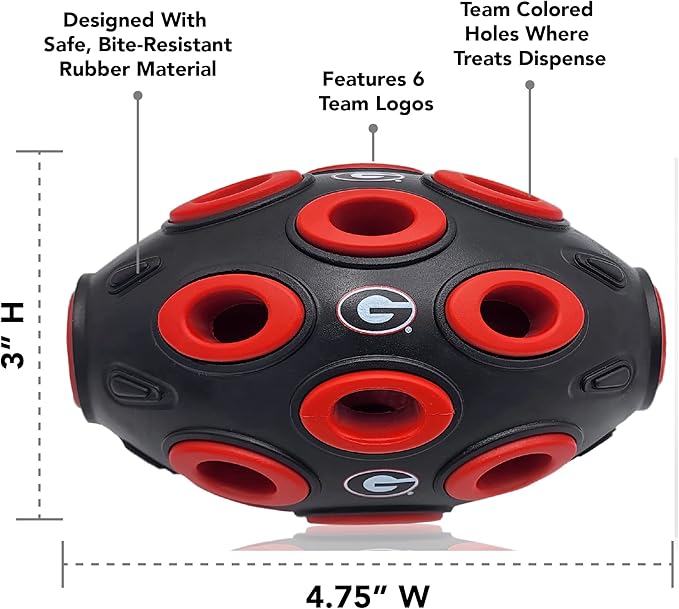Pets First NCAA Georgia Bulldogs Football Treat Dispensing Toy for Dogs and Cats, Rubber Ball Dog Feeding Toy