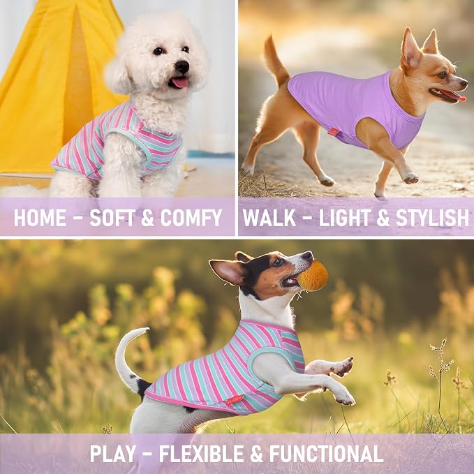 KYEESE 2Pack Dog Shirt, Soft Striped Dogs T Shirts, Lightweight Pet Tank Top, Sleeveless Dog Shirt for Small Dogs, Stretchy Comfortable Pet Vest, Purple+Blue Striped, Large