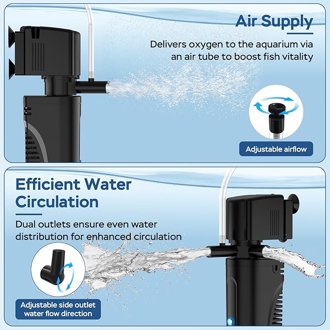 Aquarium U-V Filter for Green Water, Internal Fish Tank Filter with U-V Light & Timer, Turtle Tank Filter with Dual Outlet & Aeration, for 10-30 Gallon Freshwater & Saltwater