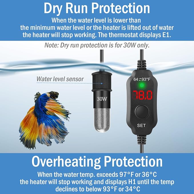 Super Mini Aquarium Heater 10W Betta Heater for 1-2 Gallon Tanks, Small Fish Tank Heater Turtle Heater with Dry-Run/Overheat Protection, Memory Function