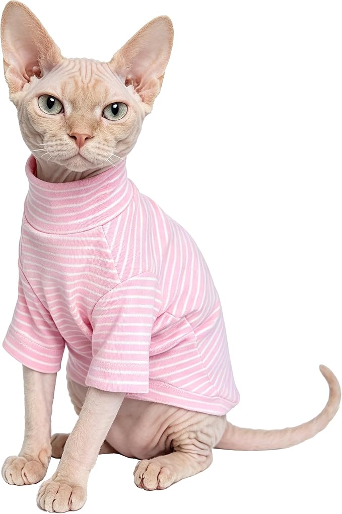 Sphynx Cat Clothes for Cats Only, Narrow Striped Sphynx Shirt Clothes T-Shirts Sweatshirt with Sleeves, Soft Kitten Sphinx Clothes Pet Apparel Devon Rex,Cornish Rex,Peterbald,Pink,XL