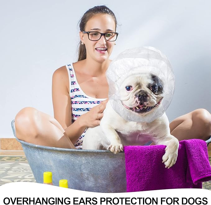 Weewooday 32 Pieces Disposable Pet Shower Caps - Plastic Dog Ear Covers for Bathing, Drops, Guard - Transparent Overhanging Ears Protection for Puppy, Kitten, Small Pets Bath, Shower, Rain Water