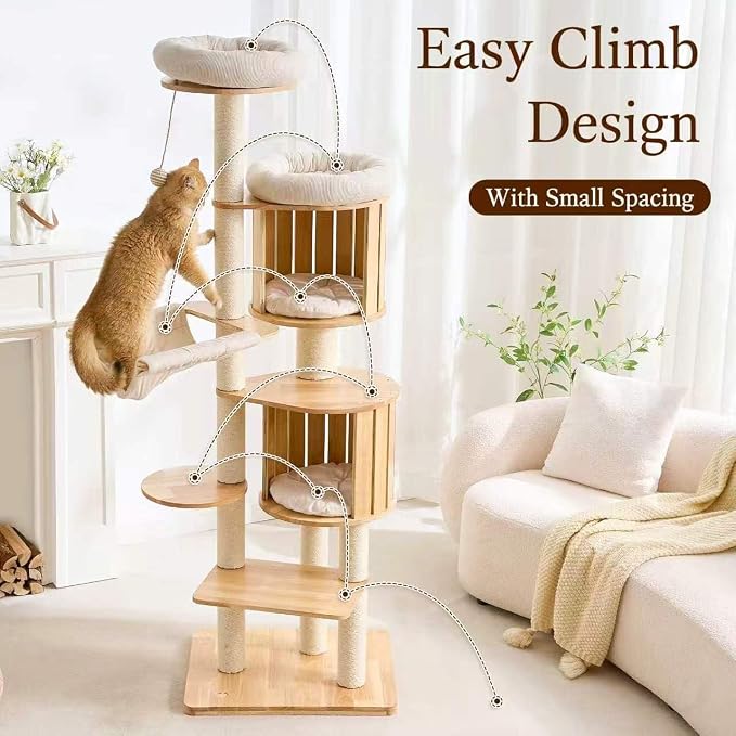 HITTITE Solid Wood Cat Tree Tower with Scratching Post, 70 Inches Tall Cat Towers with Hammock and Condo, Modern Cat Tower with Removable Top Bed for Indoor Cats.