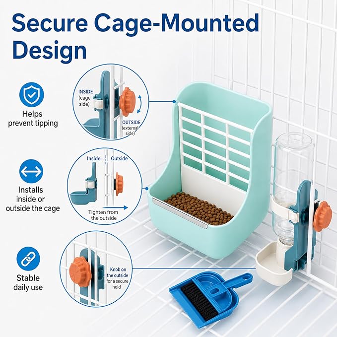 HERCOCCI PET Feeder and Water Bottle Set, Large Blue (500ml), Durable Hay Food Bin Feeder, Food Bowl, Gravity-Fed Water Dispenser for Rabbit, Guinea Pig, Chinchilla
