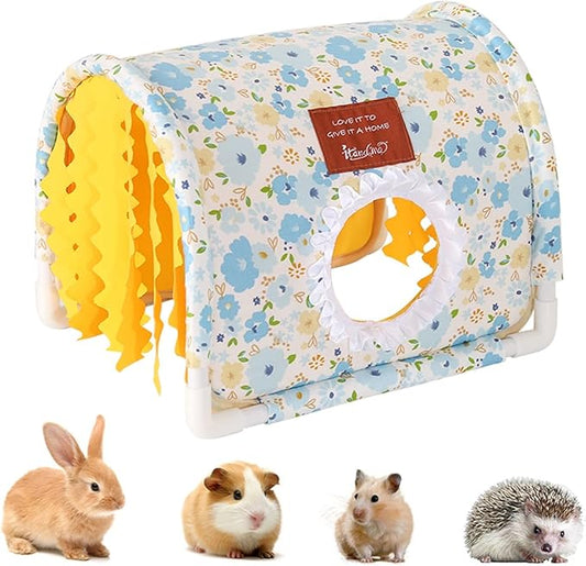 Guinea Pig Hideout Rabbit Hideout No Bottom Guinea Pig Bed Easy to Clean & Breathable Bunny Beds - Small Animal Indoor Habitat for Rabbit Ferret Hedgehog Flower-Branch Mouse (Blue Flower)