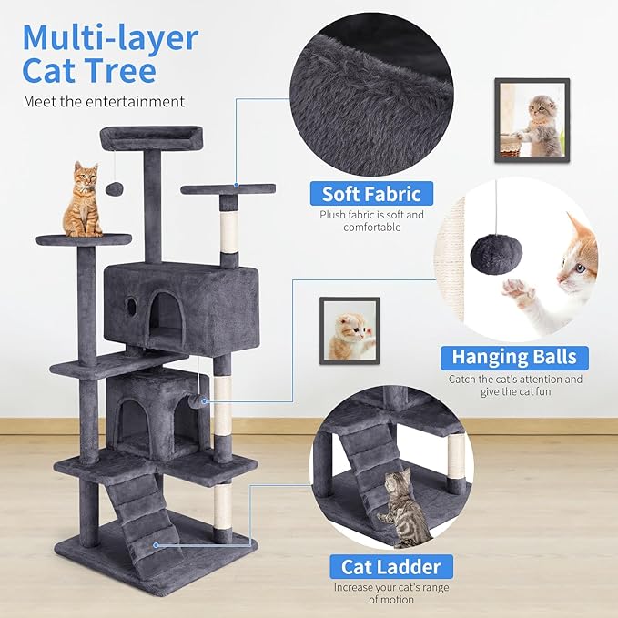 PayLessHere Cat Tree 54in Cat Tower with Cat Scratching Post,Multi-Level Cat Condo Stand House Furniture Kitty Activity Center with Furry Ball Toys Cat Tree for Indoor Cats (54in, Ashy)