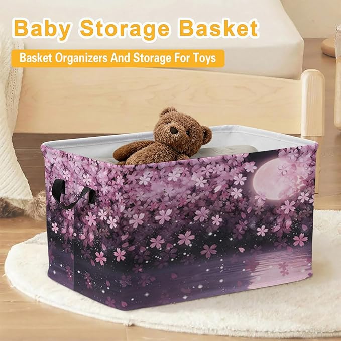 56L Cherry Blossoms Laundry Basket Clothes Hamper with Handles,Foldable Blanket Storage Large Laundry Hamper with Waterproof PE,Toy Storage Bin Organizer,Cube Clothes Organizer,Home Decor