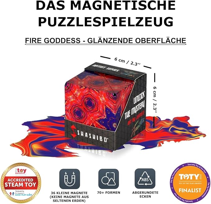 Shashibo Shape Shifting Box - Award-Winning STEM Fidget Toy with Ultra Strong Magnets - Puzzle Cube Transforms Into 100+ Shapes, Perfect Sensory Gift for Kids, Teens, and Adults (Fire Goddess)