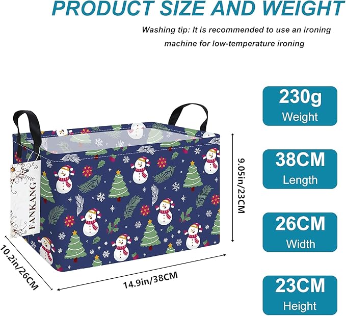 Storage Bins,Christmas Nursery Hamper Canvas Laundry Basket Foldable with Waterproof PE Coating Storage Baskets for Boys and Girls, Office, Bedroom,Toys(Rec-Christmas snowman ）