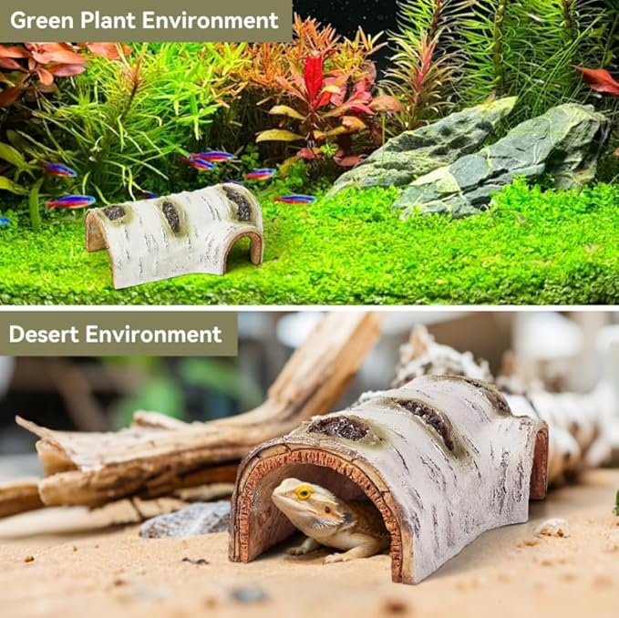 Artificial Birch Log Hide Reptile Shelter, Natural-Looking Reptile Hide for Bearded Dragons, Realistic Resin Hollow Log Hideout, Aquarium Resin Bark Decor