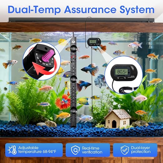 MQ Submersible Aquarium Heater Auto Thermostat, 200W Fish Tank Heater for 15 to 40 Gallon with LCD Digital Aquarium Thermometer, Shatter-Proof and Blast-Proof