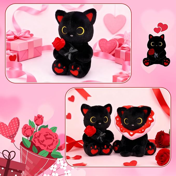 Black Cat Plush with Rose- 8" Kawaii Stuffed Cat Gifts for Women Cute Stuffed Animal for Kids & Adults, Mother Day Mom Birthday Wedding
