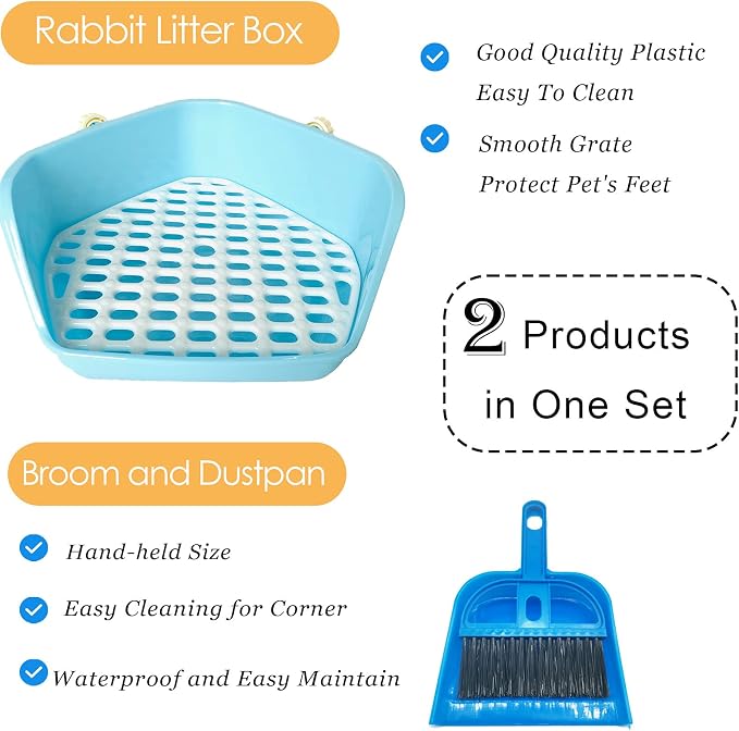 kathson Rabbit Litter Box Pet Toilet Cage Box Potty Trainer Corner with Small Animal Cage Cleaner Broom Brush Dustpan for Bunny Chinchilla Guinea Pig Ferret(Blue)