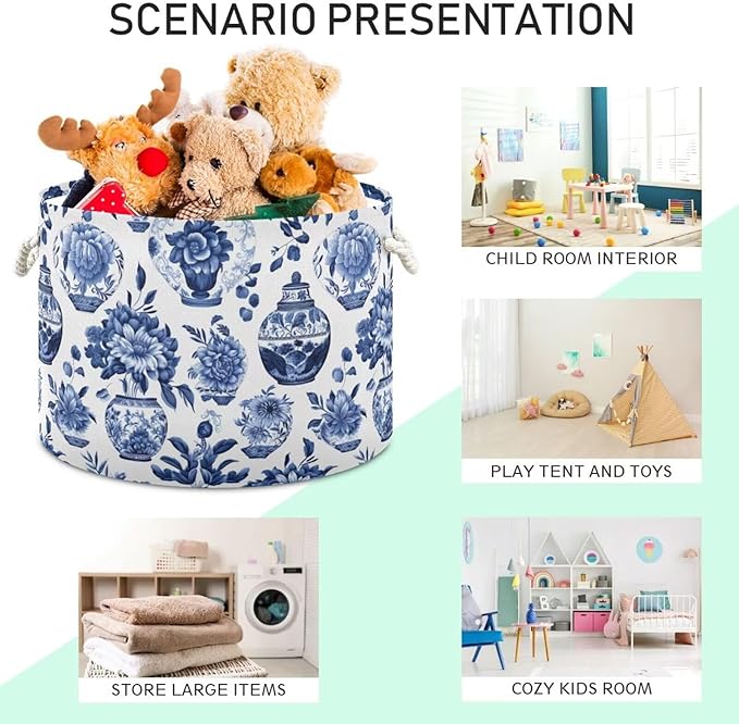 Blue White Floral Print Round Storage Basket Chinoiserie Vase Flower Large Laundry Hamper 20 x 20 x 14 Inches Organizer Bin with Handles Clothes Storage Bag for Nursery Bedroom Living Room Decor
