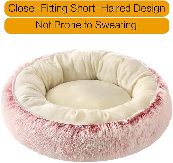 Calming Donut Dog Bed Cat Bed, Fluffy Long Fur Outer & Short Fur Inner, Sweat-Free Cozy Cuddler, Non-Slip Bottom,for Small Medium Dogs Cats Puppy Kitten (Donut Bed - Pink, Medium 19.7 Inches)