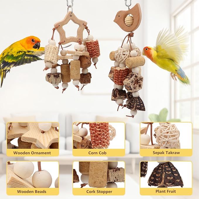 Litewoo 2PCS Natural Bird Foraging Parrot Shredding Toys Hanging Wood Conure Chewing Toys Bird Cage Accessories for Budgie Lovebird Cockatiel Conure Other Small and Medium Size Birds