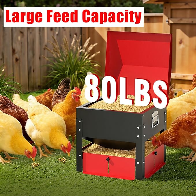 Portable Metal Chicken Feeder, Freestanding Chicken Feeder with Top-Sloped Waterproof Lid, No Waste Gravity Poultry Feeder for Hens and Ducks, 80 lbs Large Capacity