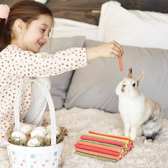 ERKOON 80Pcs Rabbit Timothy Hay Sticks, Five Flavors：PurplePotato/TimothyHay/Pumpkin/Strawberry/Carrot，Suitable Guinea Pig, Hamste, Gerbil, Chinchilla Treats, Chew Toys for Teeth for Bunnies