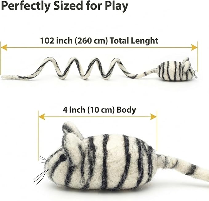Glaciart One Felt Mouse Cat Toy – Soft Fuzzy Enrichment 100% Natural Wool - Interactive Catnip Play Cat Toy Set - Safe for Pets, Non-AZO Colored Dyes - 100” Long