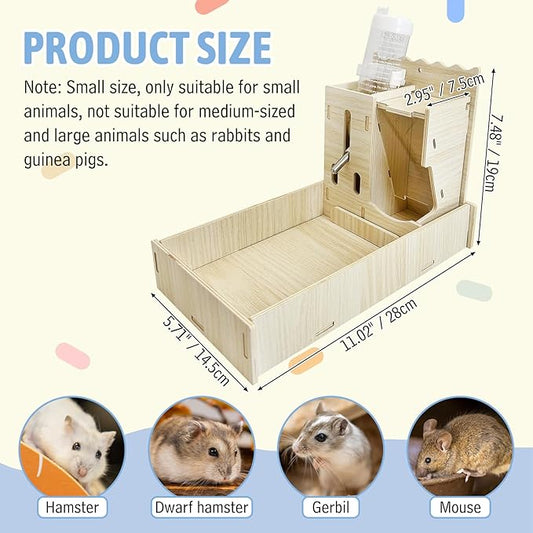 Hamiledyi 3 in 1 Wooden Hamster Feeder Dispenser Hanging Dwarf Hamster Food Bowl & Water Bottle with Removable Litter Box Small Animal Feeder for Hamsters Mouse Gerbil (11" x 5.7" x 7.5")
