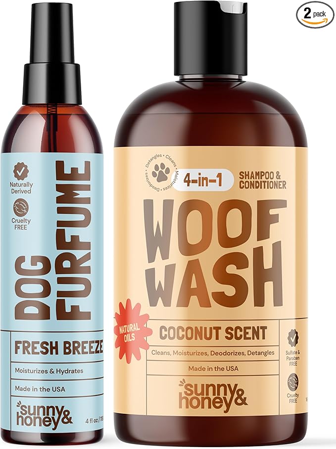 Sunny & Honey 4-in-1 Dog Shampoo & Conditioner - 16 fl oz, 8 fl oz Mist - Moisturizing Detangling Wash - Pet Shampoo - Long-Lasting Perfume Mist
