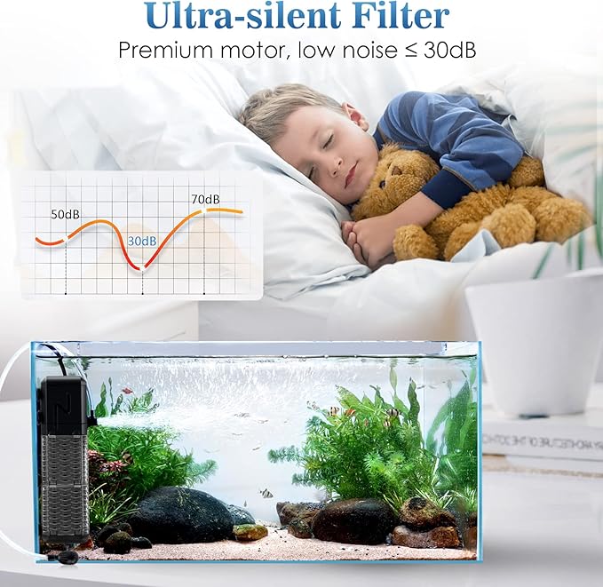 AQQA Aquarium Filter, Submersible Power Fish Tank Filter with Rainwater Aerator System Adjustable Water Flow Design, Ultra Silent Biochemical Sponge Filtration Up to Fish Tank 70 Gallon (9W-211GPH)